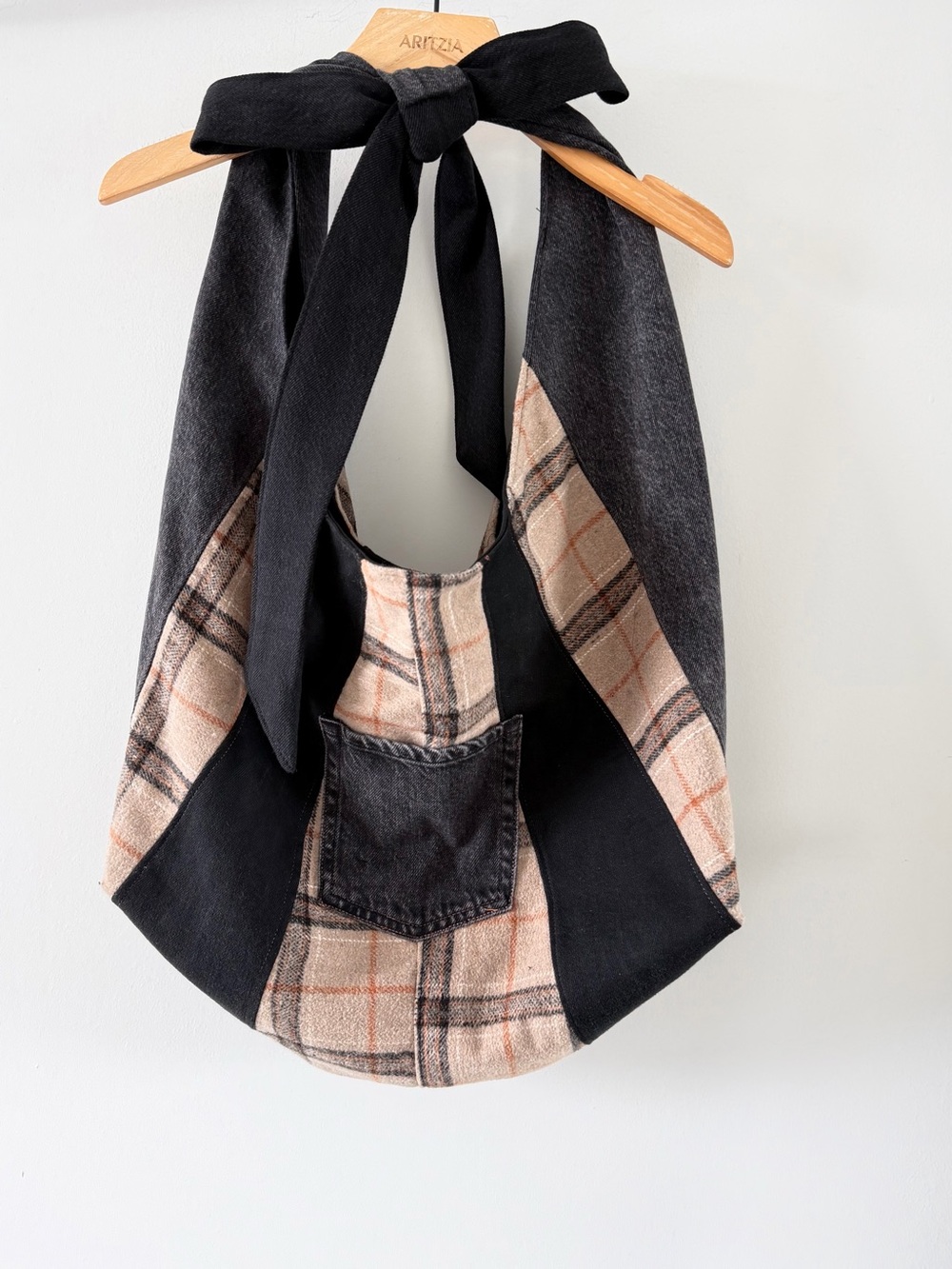 Handmade Denim Plaid Patchwork Hobo Bag Oversized Bow Tie Shoulder Tote - Picture 6 of 8